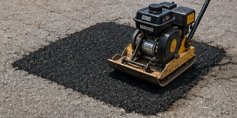 Freshly repaired asphalt driveway